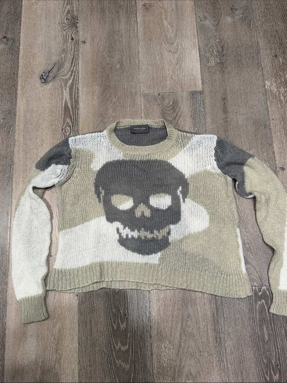 Wooden Ships Crewneck Sweater with Gray Skull on Cream/Tan Ground AZ1383